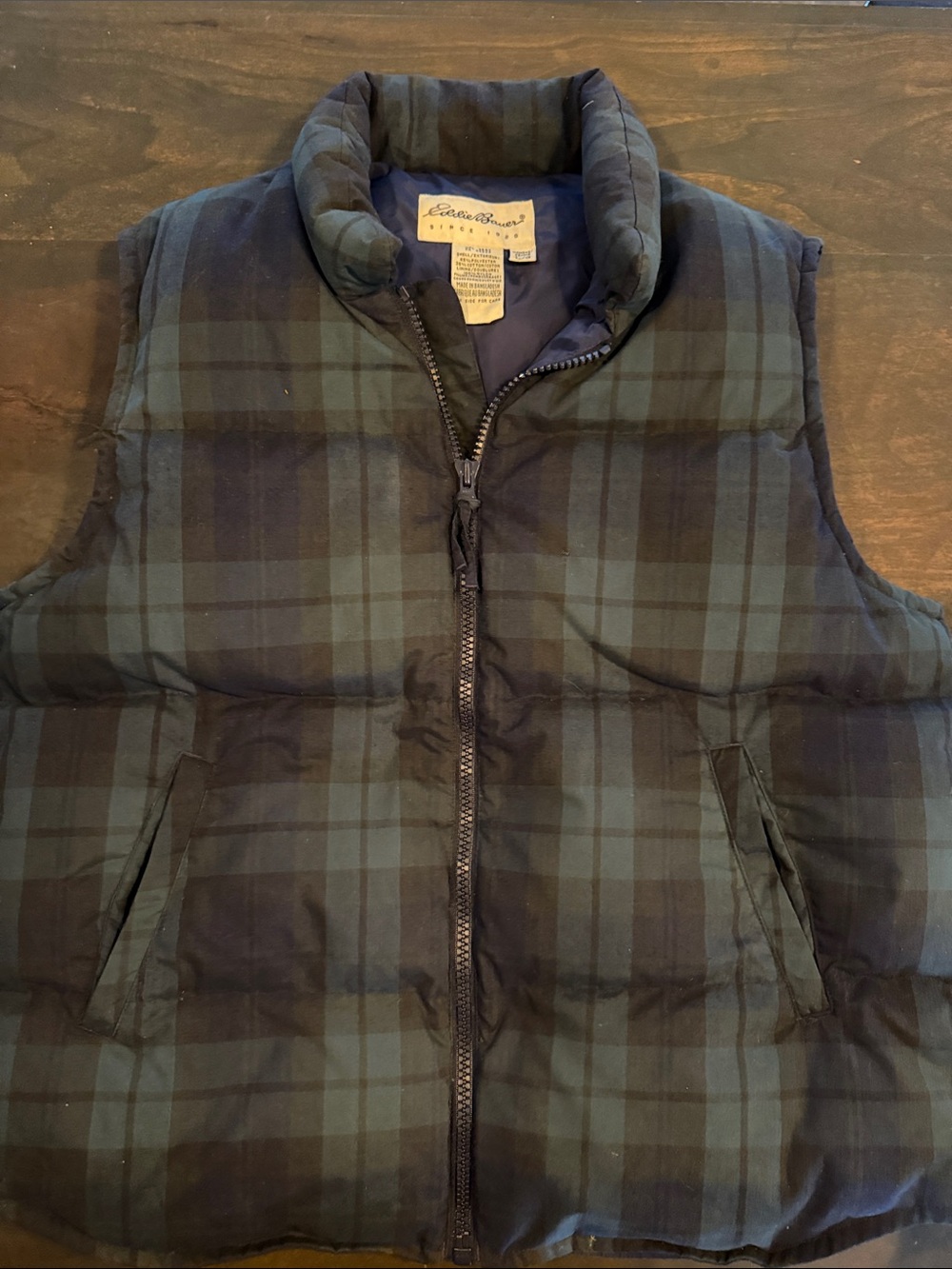 Eddie Bauer Green and Navy Plaid Quilted Puffer Vest-Goose-Down